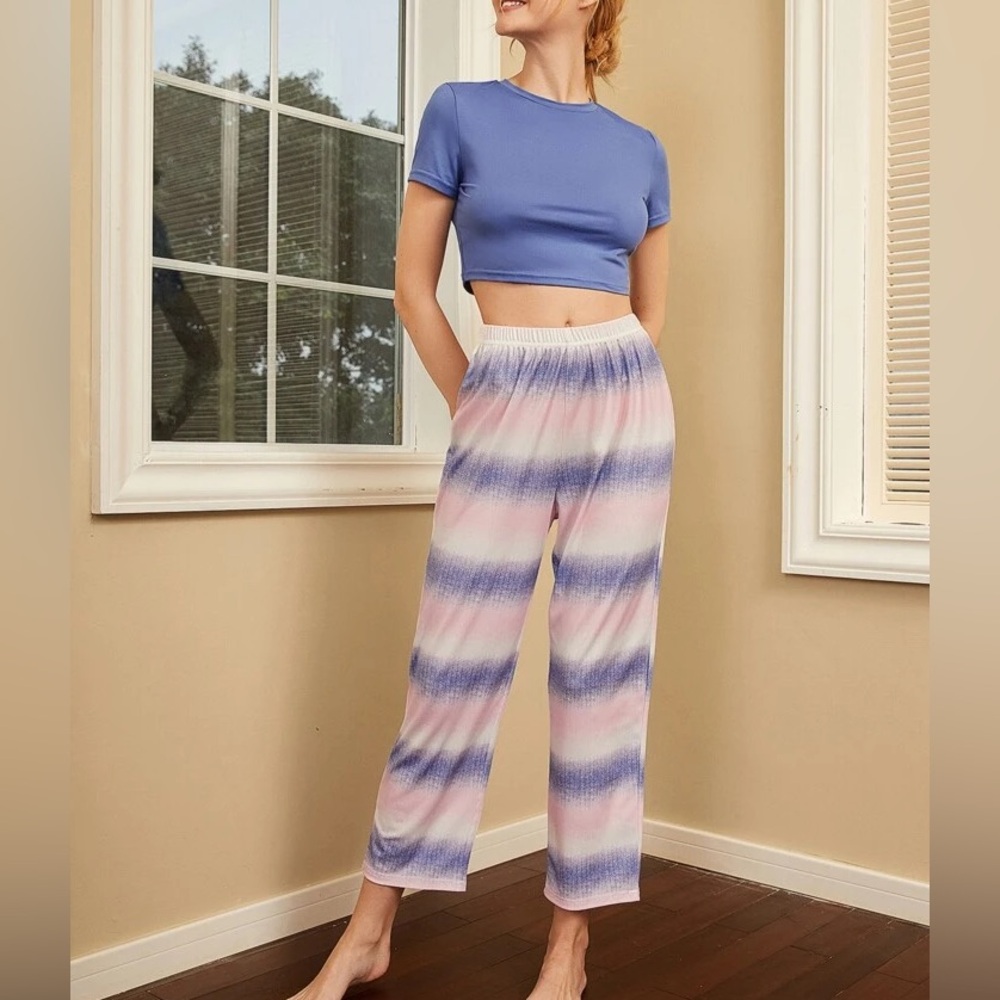 $10 Deals 🤝🔖 SHEIN Solid Crop Tee & Striped Print Pants PJ Set size XL